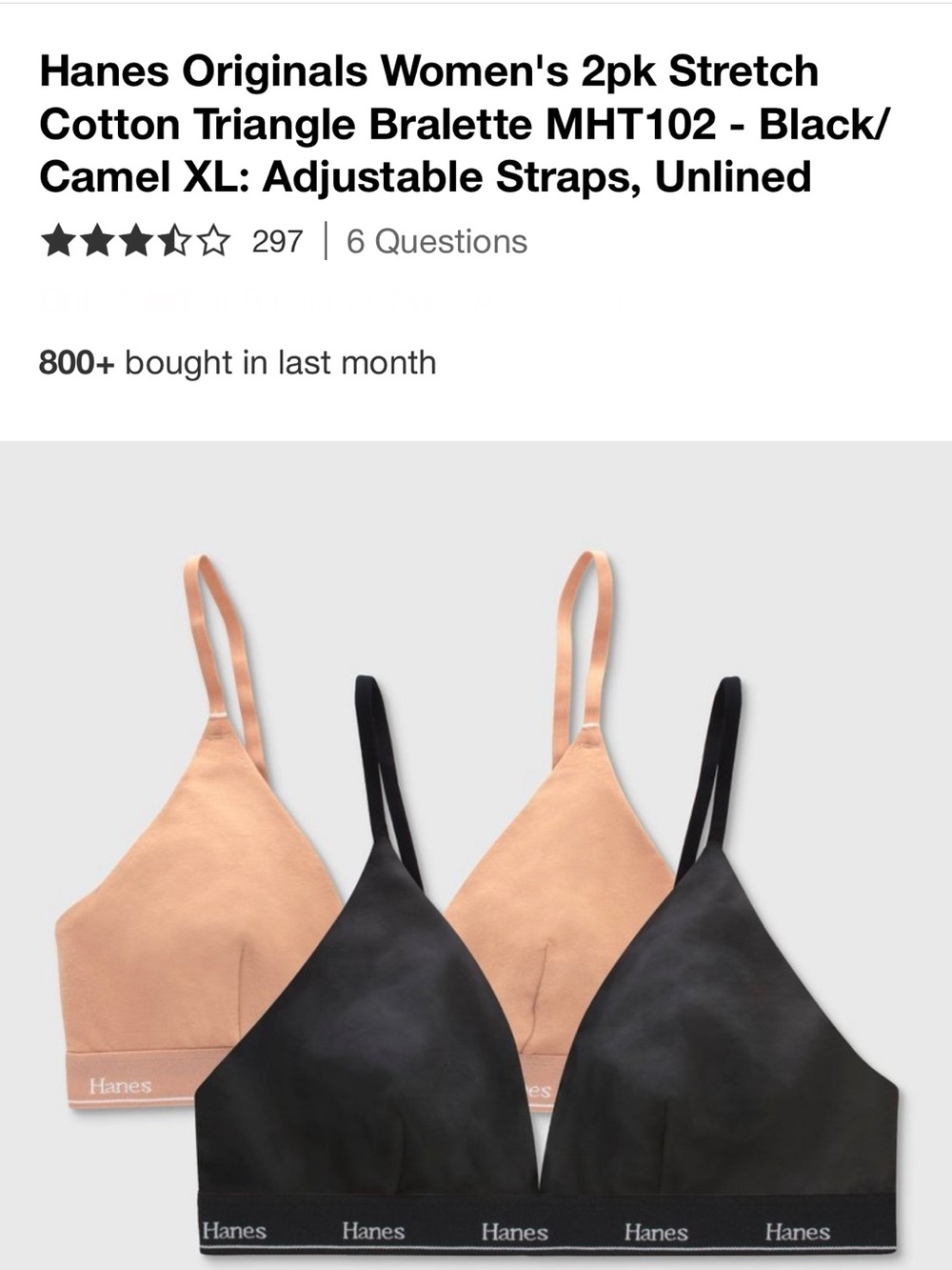 Hanes Originals Women's 2pk Stretch
Cotton Triangle Bralette